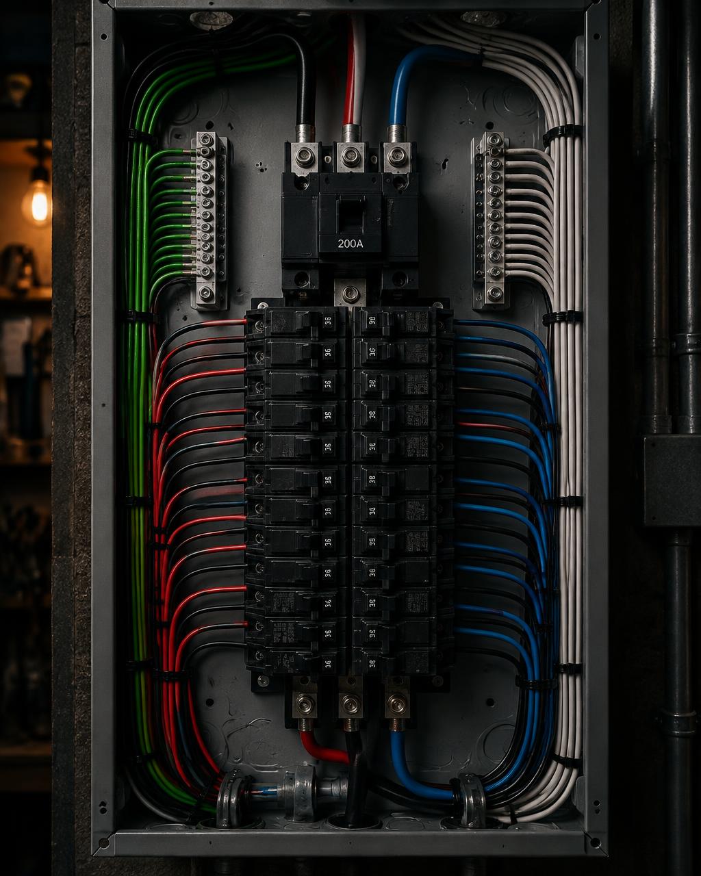 Licensed electrician wiring a new residential breaker panel