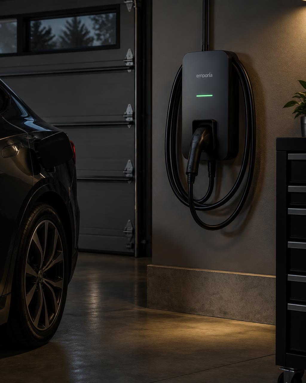 Level 2 EV charger mounted on a garage wall beside a parked car