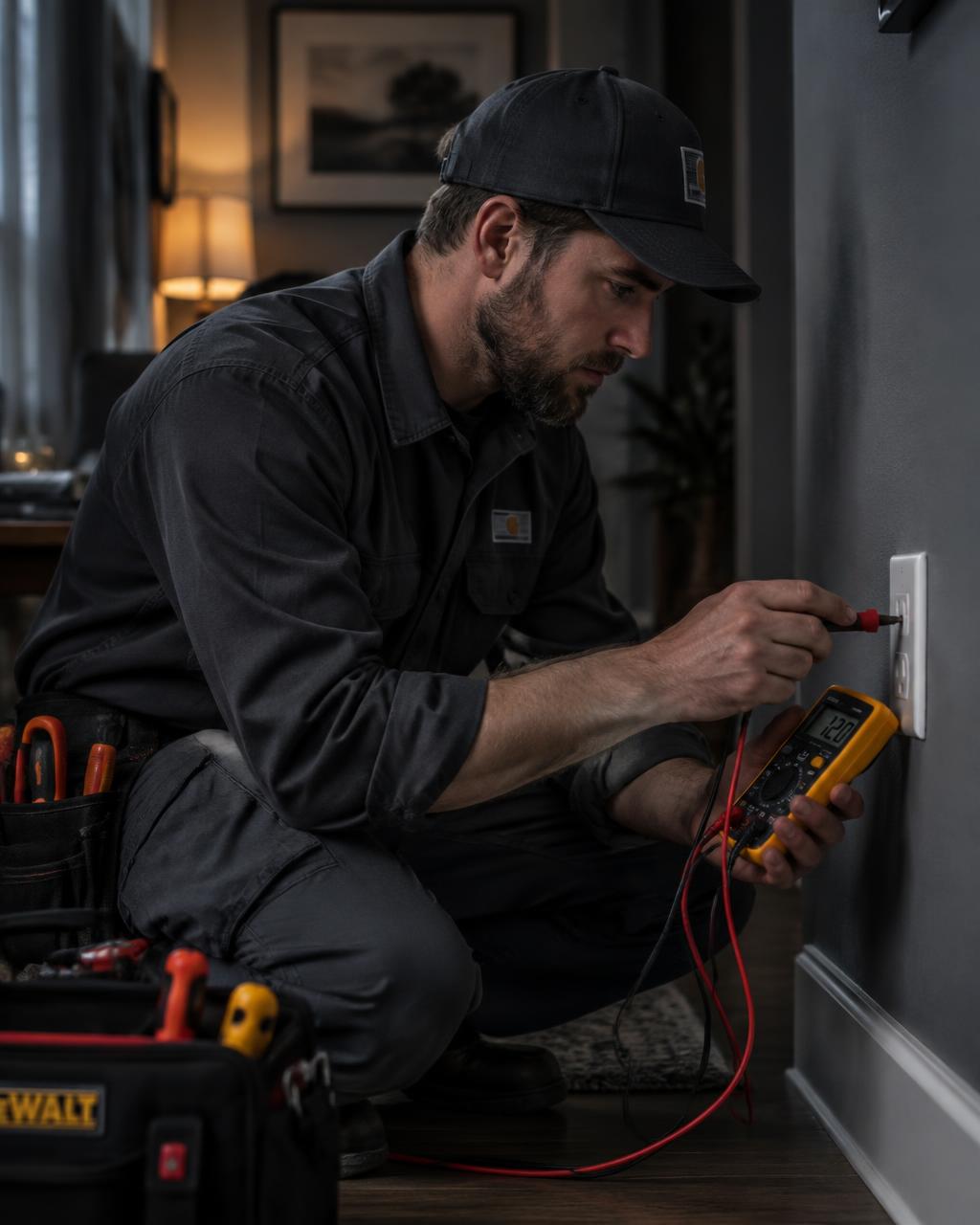 Electrician testing a wall outlet with a multimeter during a repair call