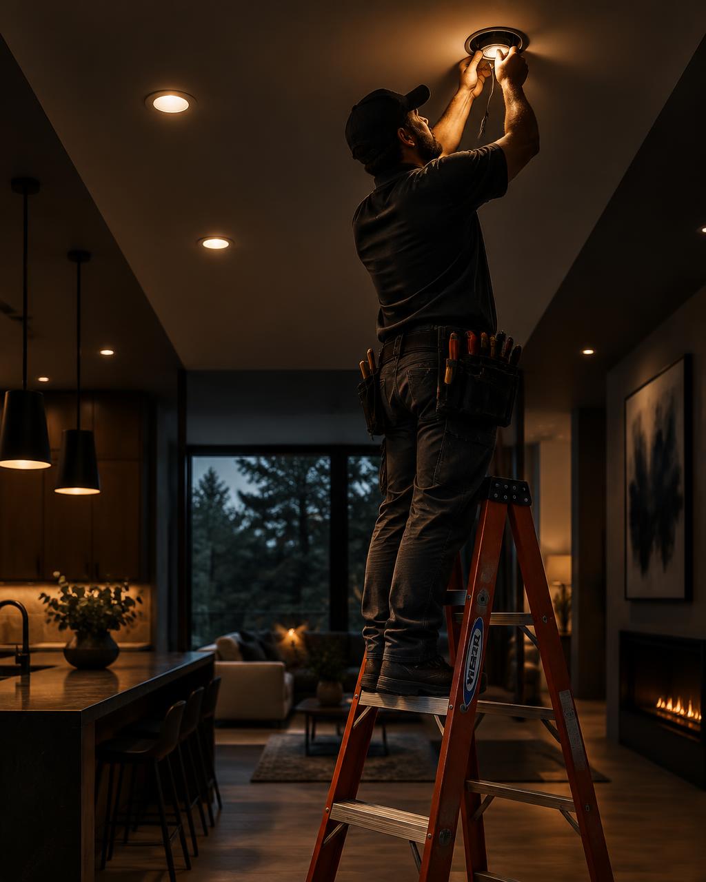 Electrician installing recessed ceiling lighting in a finished room